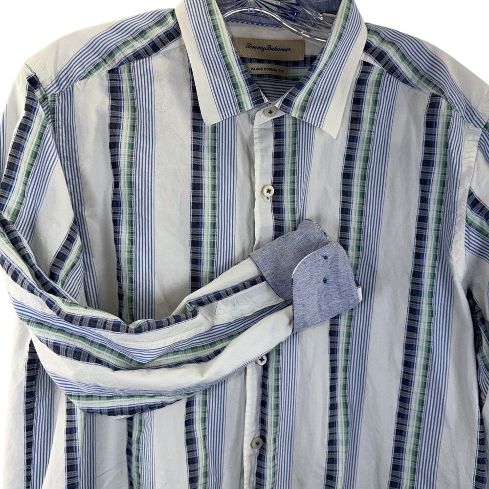 Tommy Bahama Island Modern Fit Mens Large Button Down Shirt Stripe Blue Cotton